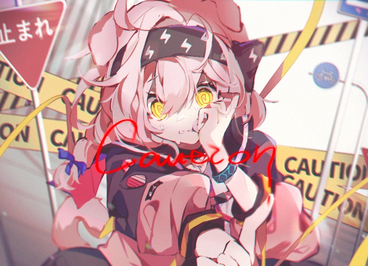 1girl @_@ ahoge animal_ears arknights bangs black_hairband blood blood_writing blue_bow bow bracelet braid cat_ears clenched_teeth english_text goldenglow_(arknights) hair_between_eyes hair_bow hairband hand_on_own_face infection_monitor_(arknights) jacket jewelry lightning_bolt_print long_hair long_sleeves looking_at_viewer open_clothes open_jacket outstretched_arm parted_lips pink_hair pink_jacket road_sign sen_(5710265) side_braid sign solo sweat teeth upper_body yellow_eyes