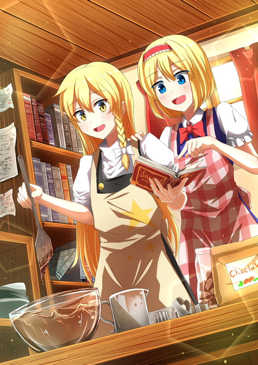 2girls alice_margatroid apron back_bow bag baking black_vest blonde_hair blue_eyes blue_vest blush book bookshelf bow braid chocolate collared_shirt cookie_cutter hand_on_another's_shoulder headband highres holding holding_book kirisame_marisa multiple_girls notes open_book open_mouth paper puffy_short_sleeves puffy_sleeves red_bow red_headband shirt short_hair short_sleeves simotukiaoi1119 smile star_(symbol) table touhou turtleneck vest white_bow white_shirt window wooden_ceiling yellow_eyes