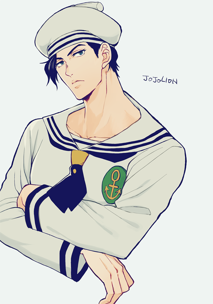 1boy anchor_symbol black_eyes black_hair crossed_arms haruko_(chikadoh) hat jojo_no_kimyou_na_bouken jojolion kira_yoshikage_(jojolion) male_focus sailor sailor_hat solo upper_body