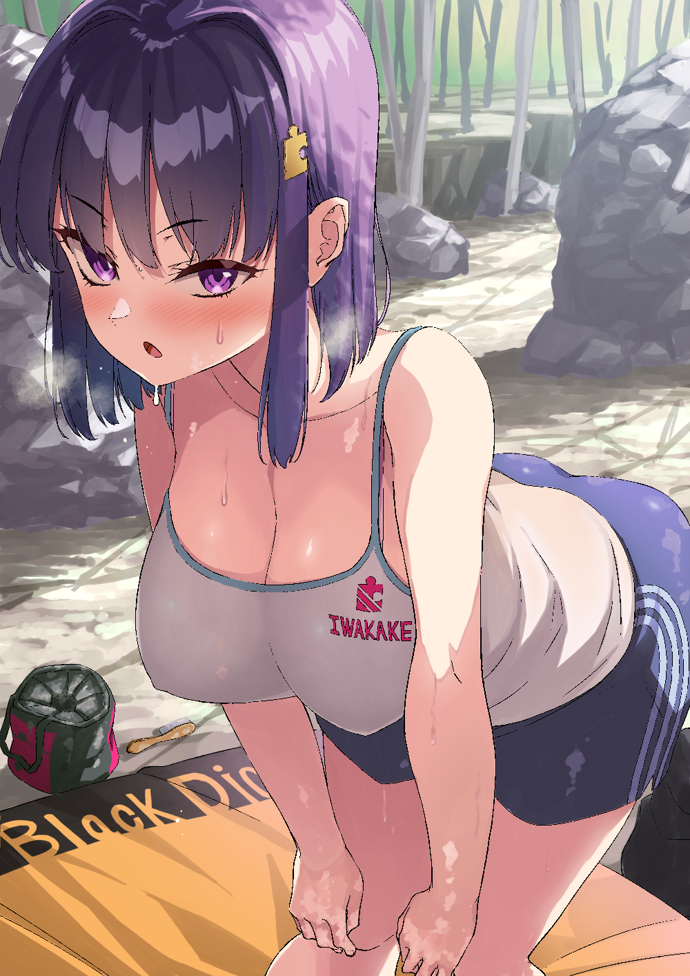 1girl bag beach_towel blush boulder breasts brush clothes_writing commentary_request english_text eyebrows_visible_through_hair hands_on_own_knees highres ishizaka_ryuudai large_breasts leaning_forward looking_at_viewer medium_hair original puzzle_piece puzzle_piece_hair_ornament rock shorts sidelocks solo spaghetti_strap sweat tank_top towel