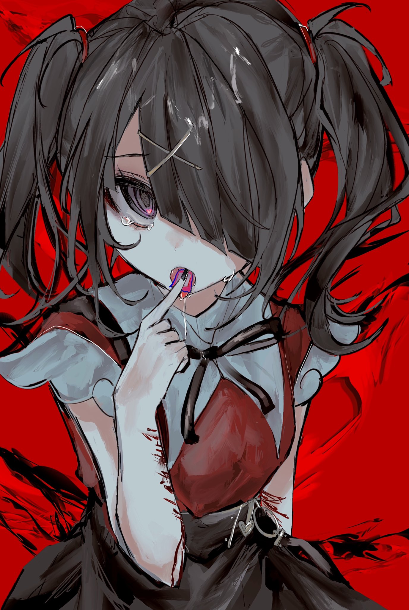 1girl 22_29 ame-chan_(needy_girl_overdose) black_hair black_nails blood brown_eyes crying drugs hair_ornament hair_over_one_eye hairclip highres lsd needy_girl_overdose open_mouth self_harm short_sleeves slit_wrist solo twintails