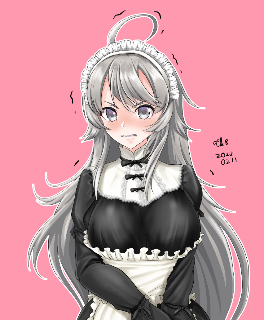 1girl ahoge alternate_costume apron artist_name black_dress blush breasts clenched_teeth dated dress enmaided grey_eyes kantai_collection large_breasts long_hair long_sleeves maid maid_apron maid_headdress pink_background signature silver_hair simple_background solo teeth tk8d32 upper_body washington_(kancolle) white_apron