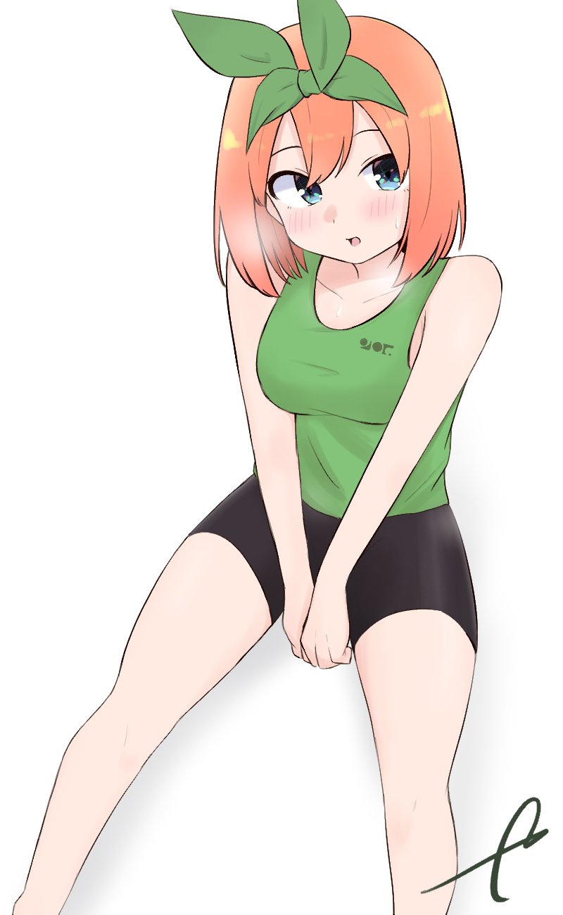 1girl bangs bare_arms bare_shoulders between_legs bike_shorts black_shorts blue_eyes blush breath collarbone commentary eyebrows_behind_hair feet_out_of_frame go-toubun_no_hanayome green_ribbon green_tank_top hair_between_eyes hair_ribbon hand_between_legs highres kujou_karasuma looking_at_viewer nakano_yotsuba orange_hair parted_lips ribbon shadow short_shorts shorts signature smile solo tank_top white_background