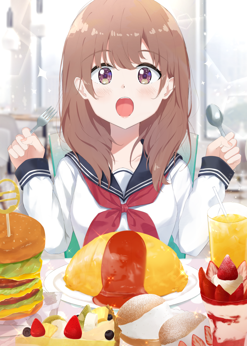 1girl 7_calpis_7 :o bangs black_sailor_collar blush brown_eyes brown_hair burger chair collarbone commentary_request cream_puff cup drink drinking_glass drinking_straw eyebrows_visible_through_hair food fork fruit hands_up holding holding_fork holding_spoon long_hair looking_at_viewer neckerchief omurice on_chair open_mouth original parfait plate red_neckerchief sailor_collar school_uniform serafuku shirt sitting solo sparkle spoon strawberry table upper_body white_shirt