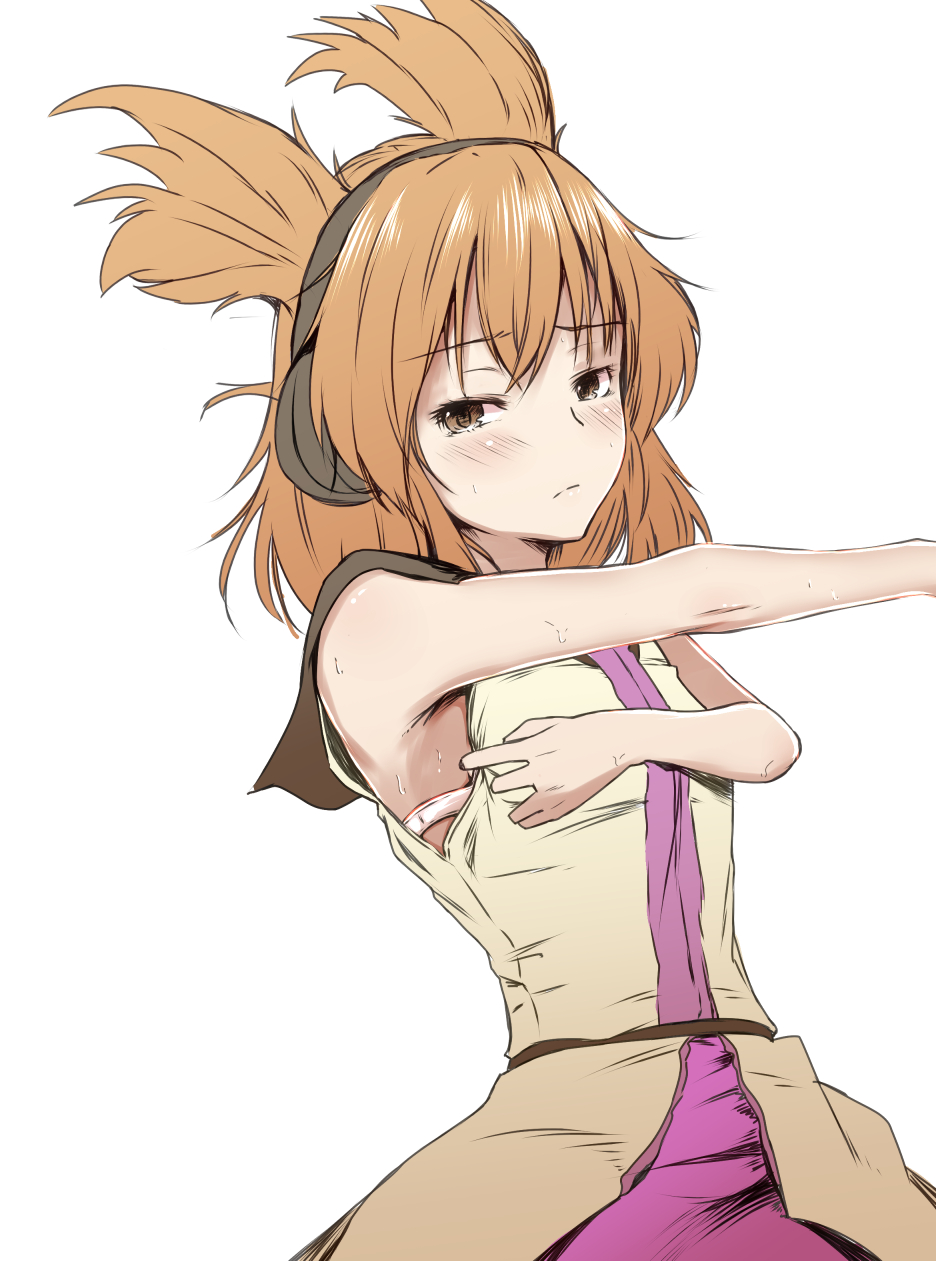 1girl armpit_peek bangs beige_shirt blush bra_strap breasts brown_hair closed_mouth clothes_pull earmuffs eyebrows_visible_through_hair furrowed_brow half-closed_eyes highres kamunika light_frown looking_at_viewer medium_hair outstretched_arm pointy_hair shirt shirt_pull simple_background sleeveless sleeveless_shirt small_breasts solo sweat touhou toyosatomimi_no_miko upper_body white_background