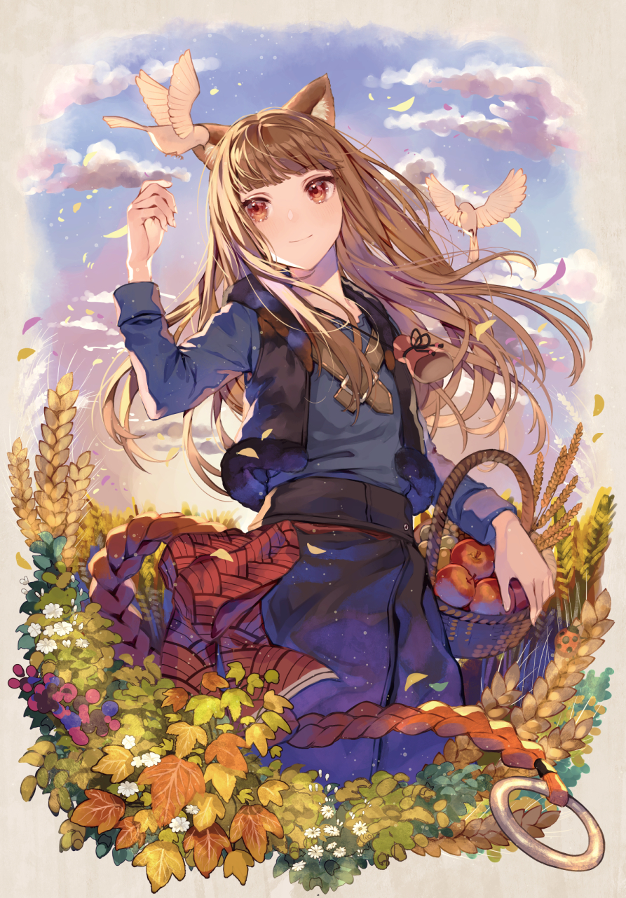 1girl 778-go animal animal_ear_fluff animal_ears apple autumn_leaves bangs basket bird black_skirt black_vest blue_shirt blue_sky blunt_bangs brown_eyes brown_hair closed_mouth day eyebrows_visible_through_hair food fruit hand_up highres holo leaf long_hair long_sleeves maple_leaf open_clothes open_vest outdoors pouch shirt skirt sky smile solo spice_and_wolf vest wheat wolf_ears