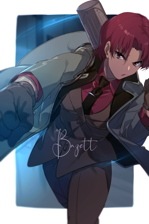 1girl bangs bazett_fraga_mcremitz black_coat black_gloves black_necktie black_pants black_suit blush breasts character_name coat collared_shirt dress_shirt echo_(circa) fate/grand_order fate_(series) gloves grey_coat large_breasts long_sleeves looking_at_viewer manannan_mac_lir_(fate) necktie open_clothes open_coat open_mouth pants parted_bangs punching red_eyes red_shirt redhead shirt short_hair solo thighs