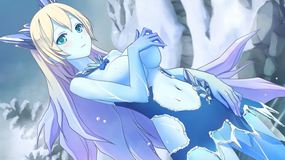 1girl artist_request bangs bare_shoulders blonde_hair blue_eyes blue_skin breasts colored_skin covering covering_breasts game_cg hair_between_eyes ice medium_breasts melting midriff monster_musume_no_iru_nichijou monster_musume_no_iru_nichijou_online navel official_art outdoors partially_undressed rosty_(monster_musume) solo