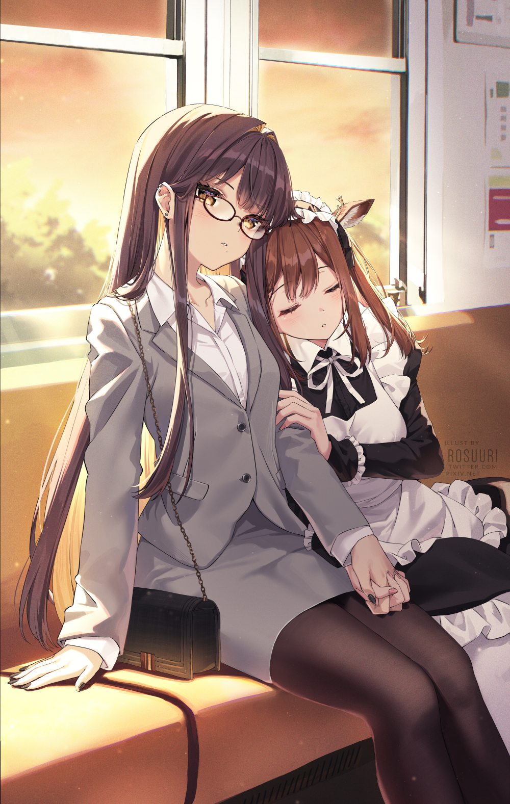 2girls animal_ear_fluff animal_ears apron artist_name bag bangs black_nails blush closed_eyes collarbone commentary ear_piercing frilled_apron frills glasses ground_vehicle handbag highres holding_hands interlocked_fingers leaning_on_person leaning_to_the_side long_hair looking_at_viewer maid maid_apron maid_headdress multiple_girls nail_polish office_lady original pantyhose piercing rosuuri sitting skirt sleeping sleeping_on_person straight_hair train train_interior very_long_hair watermark web_address window yuri