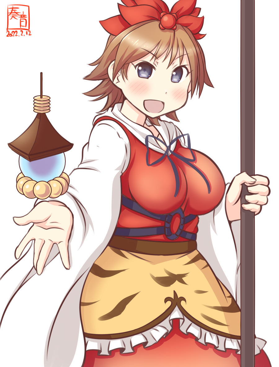 1girl artist_logo bishamonten's_pagoda bishamonten's_spear breasts commentary_request cosplay cowboy_shot dated dress flipped_hair hair_ornament hiei_(kancolle) kanon_(kurogane_knights) kantai_collection large_breasts one-hour_drawing_challenge red_dress short_hair simple_background solo toramaru_shou toramaru_shou_(cosplay) touhou violet_eyes white_background