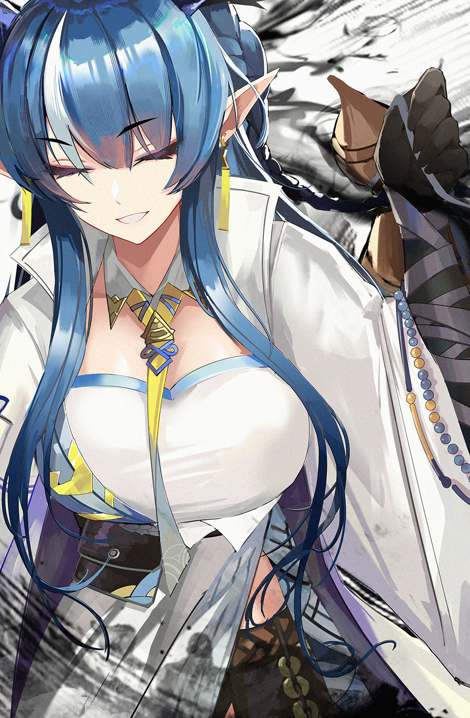 1girl :d arknights black_gloves blue_hair braid breasts closed_eyes coat cowgirl_position drive_shot earrings eyelashes facing_viewer gloves gourd highres holding ink jewelry large_breasts ling_(arknights) long_hair long_sleeves multicolored_hair necktie open_clothes open_coat parted_lips pointy_ears pouch shirt sidelocks smile solo straddling streaked_hair two-tone_hair very_long_hair white_coat white_hair white_shirt wide_sleeves yellow_necktie