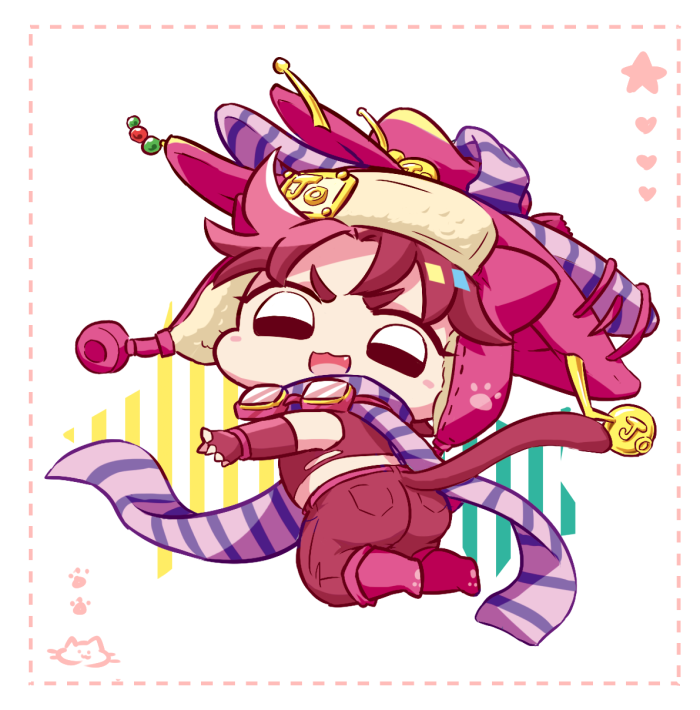 1boy :3 aviator_hat battle_tendency boots cat chibi crop_top dotted_line fang fingerless_gloves gloves goggles goggles_around_neck hat hat_bobbles jojo_no_kimyou_na_bouken joseph_joestar joseph_joestar_(young) male_focus micken midriff multiple_hats official_alternate_costume paw_print pink_hair purple_scarf scarf solo stacked_hats striped striped_scarf vertical-striped_scarf vertical_stripes