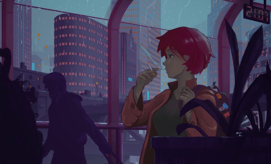 1girl backpack bag building cigarette city clock evening jacket lem long_sleeves looking_to_the_side open_clothes orange_jacket original plant rain redhead short_hair skyscraper smoking solo_focus upper_body