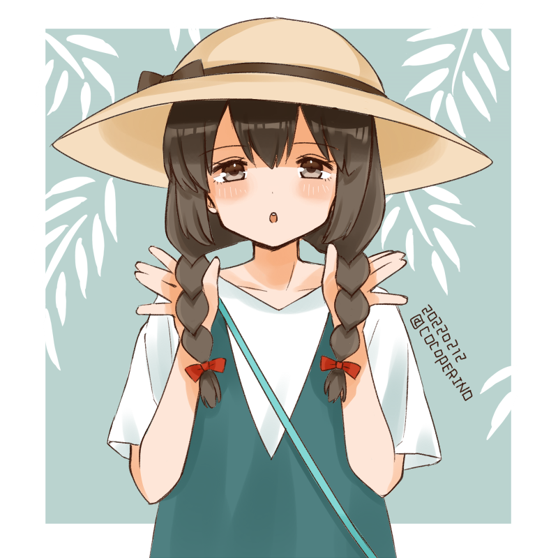 1girl black_hair blouse blue_dress braid brown_eyes cocoperino commentary_request dated dress hair_between_eyes hat isonami_(kancolle) kantai_collection looking_at_viewer official_alternate_costume one-hour_drawing_challenge sidelocks solo sun_hat twin_braids twitter_username upper_body white_blouse