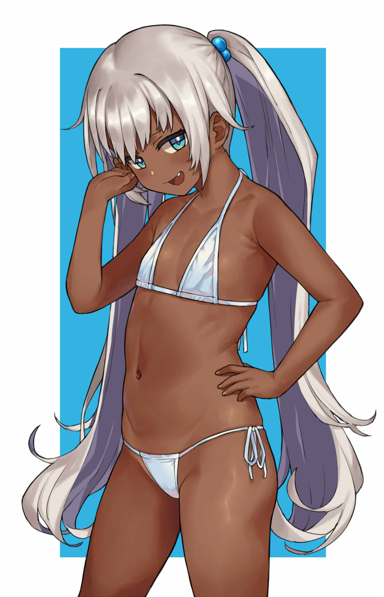 1girl bare_arms bare_legs bare_shoulders bikini blue_eyes blush commentary_request dark_skin eyebrows_visible_through_hair fang flat_chest groin hai_ookami hair_bobbles hair_ornament hand_on_hip highres long_hair looking_at_viewer navel open_mouth original petite side-tie_bikini silver_hair simple_background smile stomach string_bikini swimsuit twintails very_long_hair white_bikini