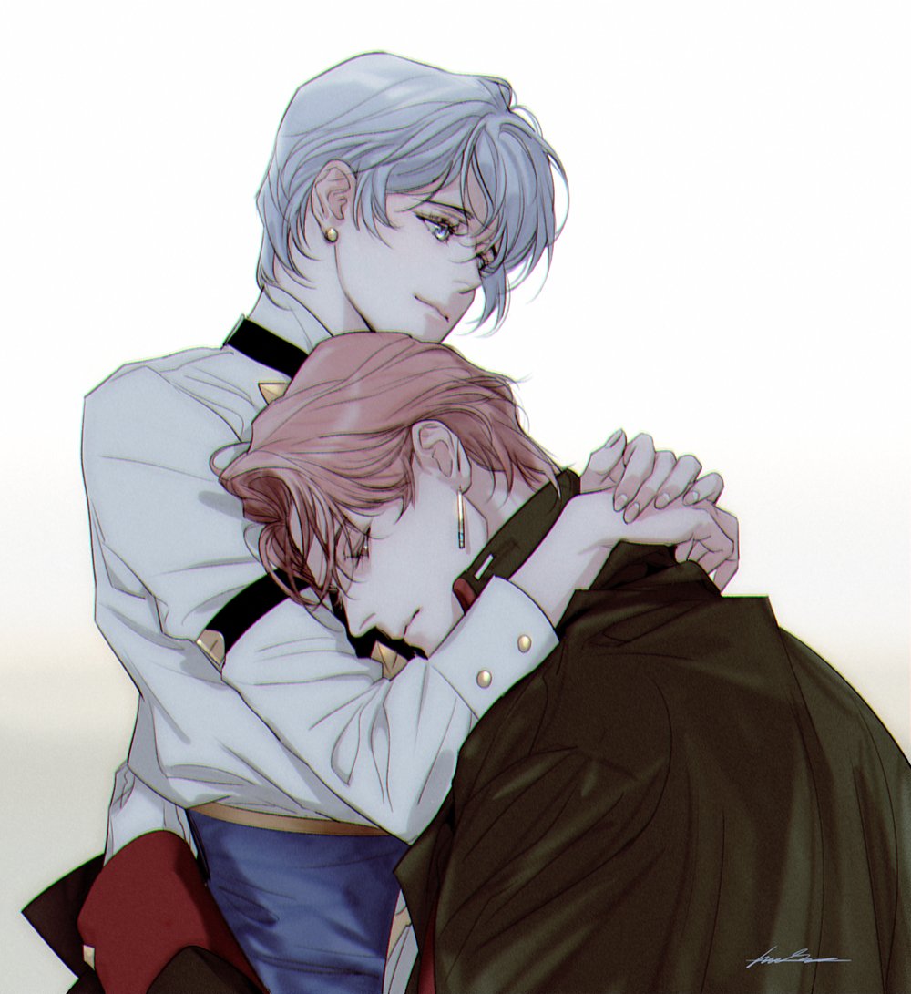 1boy arm_around_neck character_request comforting earrings fingernails frown gender_request gloves grey_eyes grey_hair head_on_another's_shoulder hug jewelry juneseo long_sleeves lord_of_heroes own_hands_together redhead sad shirt short_hair smile upper_body white_background white_gloves white_shirt