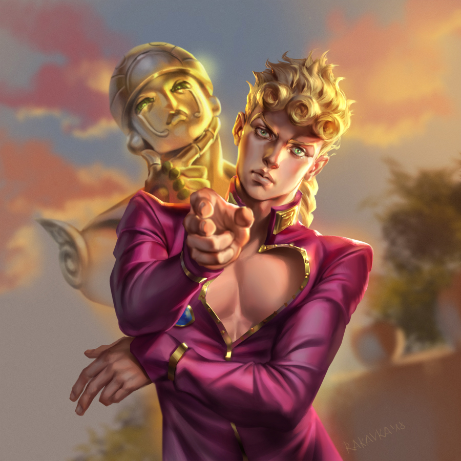1boy blonde_hair braid braided_ponytail closed_mouth clouds cloudy_sky giorno_giovanna gold_experience green_eyes jacket jojo_no_kimyou_na_bouken lips long_hair looking_at_viewer outdoors pink_jacket pointing pointing_at_viewer rakavka sky solo stand_(jojo) sunset v-shaped_eyebrows vento_aureo