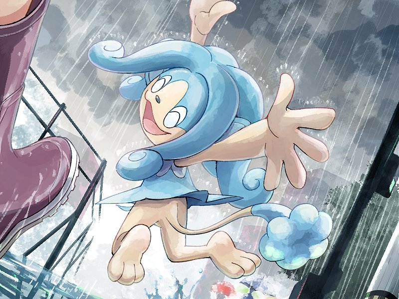 1other :d ^_^ arms_up boots closed_eyes clouds cloudy_sky commentary_request from_below jumping mukiguri open_mouth outdoors pokemon pokemon_(creature) purple_footwear rain simipour sky smile spread_fingers toes tongue umbrella wet