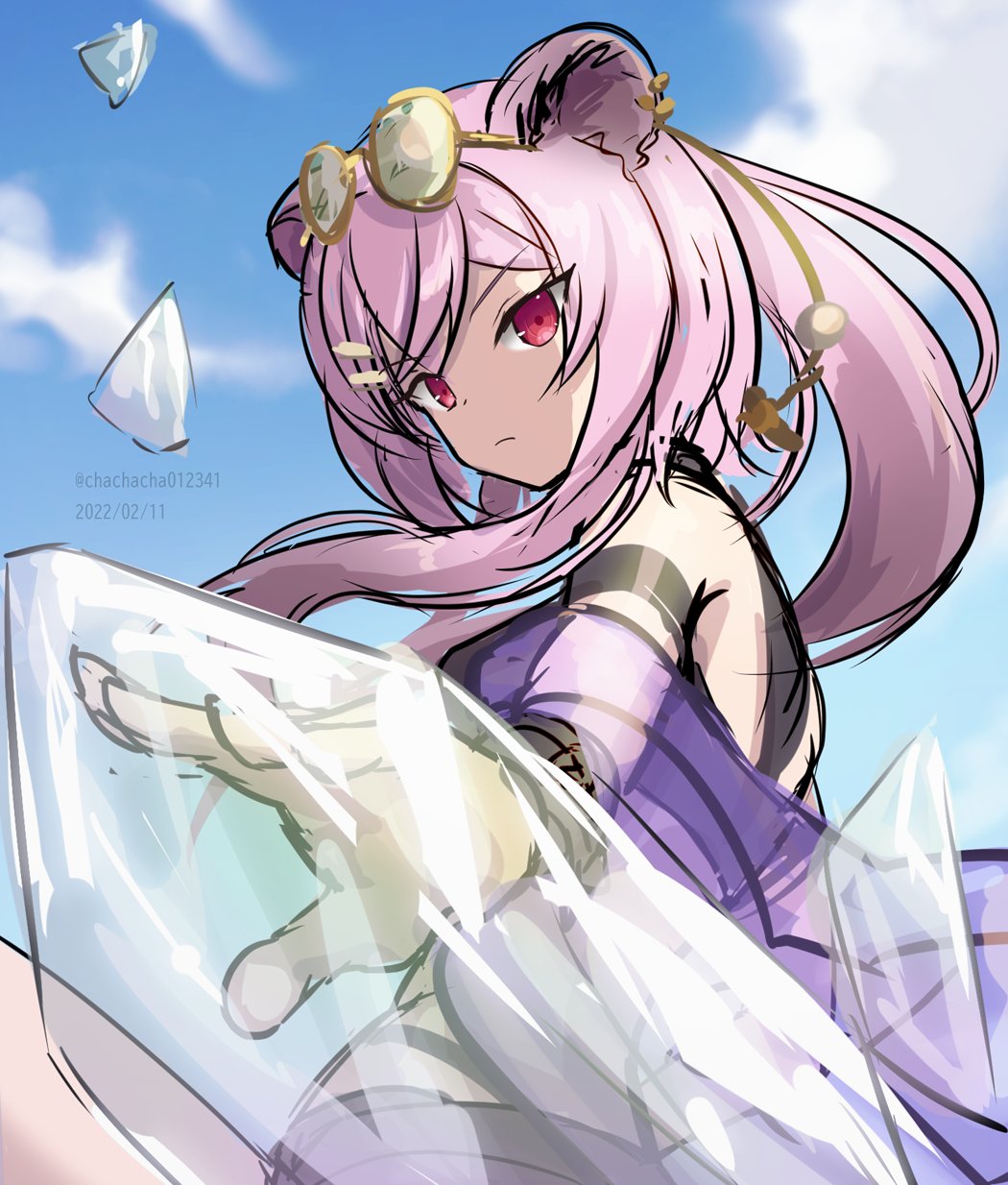 1girl animal_ears arknights artist_name bare_shoulders blue_sky chagara closed_mouth crystal dated day eyebrows_visible_through_hair eyewear_on_head floating floating_object from_side glasses hair_ornament hairclip highres jacket lin_yuhsia_(arknights) long_hair long_sleeves looking_at_viewer looking_to_the_side mouse_ears off_shoulder official_alternate_costume pink_hair ponytail purple_jacket red_eyes round_eyewear serious sky solo twitter_username upper_body v-shaped_eyebrows very_long_hair