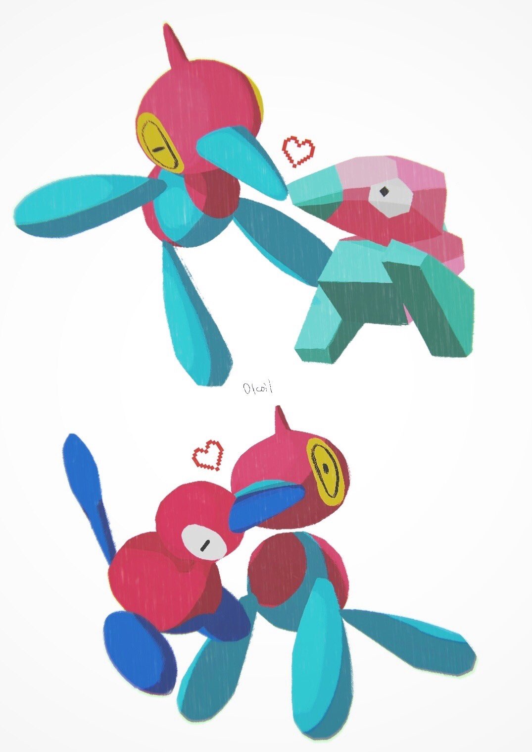 01coil affectionate closed_eyes evolutionary_line heart highres kiss no_humans pokemon pokemon_(creature) porygon porygon-z porygon2 signature simple_background symbol-only_commentary white_background