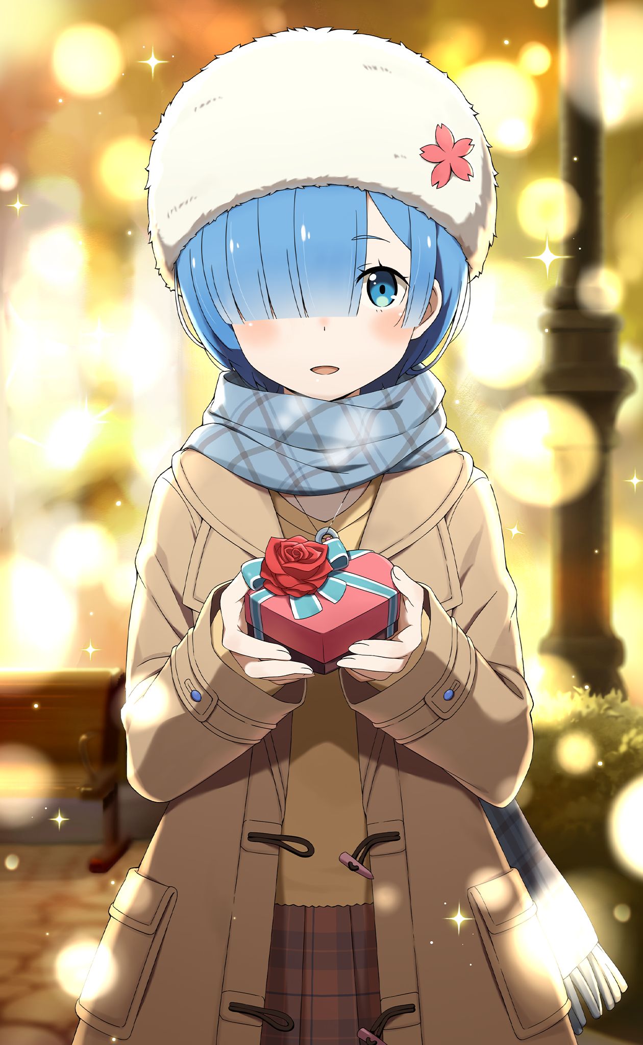 1girl :d blue_eyes blue_hair blue_scarf blurry blurry_background blush box brown_coat brown_skirt coat flower gift gift_box hair_over_one_eye hat hat_flower highres holding holding_box lens_flare long_sleeves looking_at_viewer open_clothes open_coat open_mouth outdoors pink_flower plaid plaid_scarf plaid_skirt pleated_skirt re:zero_kara_hajimeru_isekai_seikatsu rem_(re:zero) scarf shiny shiny_hair short_hair skirt smile solo standing sweater white_headwear winter_clothes winter_coat yellow_sweater