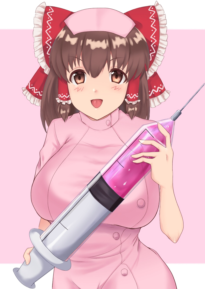 1girl alternate_costume bangs blush bow breasts brown_eyes brown_hair commentary_request cookie_(touhou) cowboy_shot dress eyebrows_visible_through_hair frilled_hair_tubes frills hair_between_eyes hair_bow hair_tubes hakurei_reimu hat highres holding holding_syringe kanna_(cookie) large_breasts long_hair looking_at_viewer nurse nurse_cap ochinjin open_mouth oversized_object pink_background pink_dress red_bow smile solo syringe touhou two-tone_background white_background