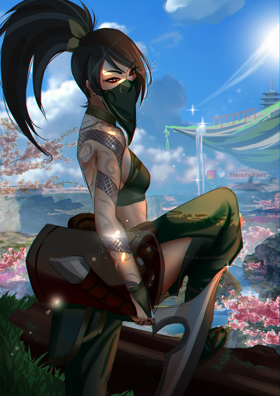 1girl akali arm_tattoo artist_name bangs black_hair blue_sky breasts cherry_blossoms clothing_cutout clouds crop_top day english_commentary fingerless_gloves from_side gloves grass green_gloves green_mask green_pants green_shirt hayashidraws highres instagram_logo kama_(weapon) knee_up league_of_legends mask midriff mouth_mask ninja outdoors pants ponytail red_eyes rope_belt scroll shirt sickle sky small_breasts solo swept_bangs tattoo twitter_logo water