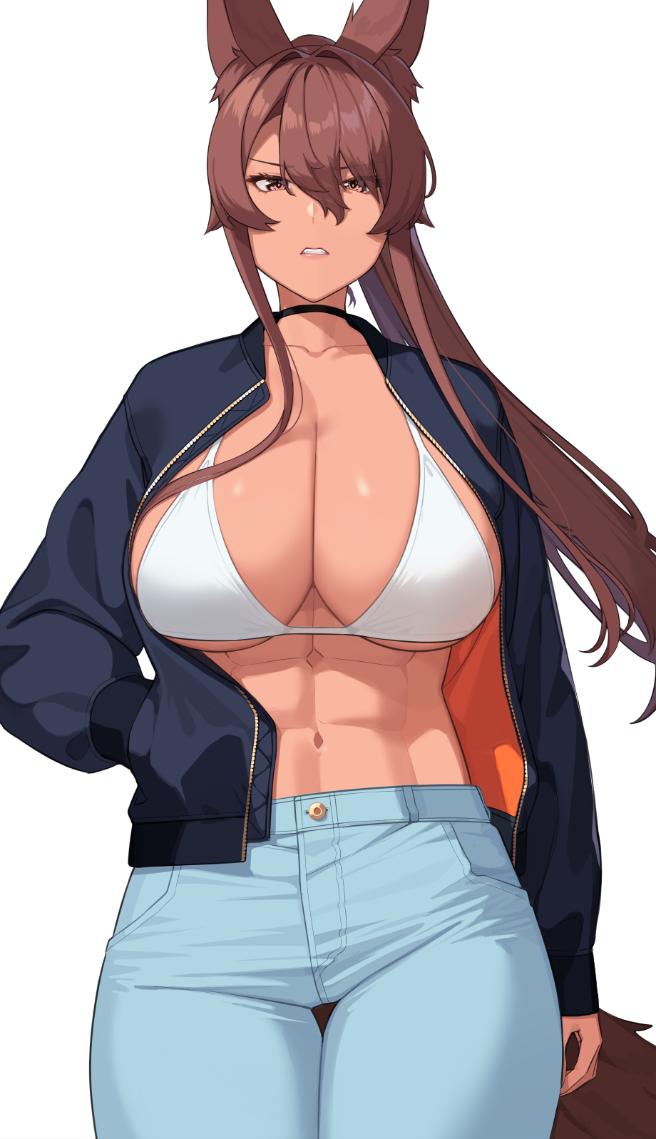 1girl abs animal_ear_fluff animal_ears arm_at_side black_choker blue_pants bra breasts brown_eyes brown_hair buttons choker commentary_request dark-skinned_female dark_skin denim feet_out_of_frame franham hair_between_eyes hand_in_pocket highres jacket jeans large_breasts long_hair looking_at_viewer muscular muscular_female navel open_clothes open_jacket open_mouth original pants parted_lips pocket ponytail revision sidelocks simple_background solo standing stomach teeth thigh_gap under_boob underwear unzipped white_background white_bra