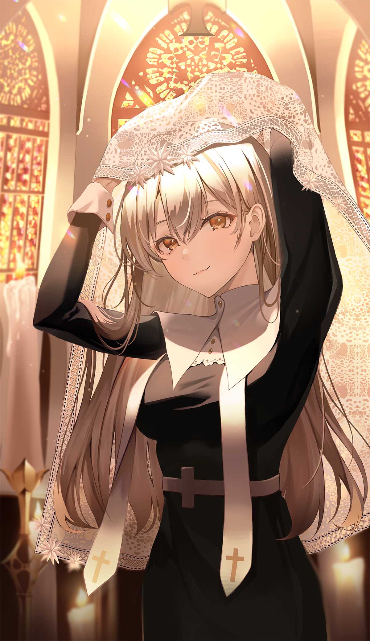 1girl arms_up bangs black_dress blanc_(blanc97) breasts brown_hair closed_mouth commentary cross detached_collar dress habit hair_behind_ear hair_between_eyes highres indoors large_breasts light_brown_hair long_hair long_sleeves looking_at_viewer nun original smile solo standing symbol-only_commentary veil