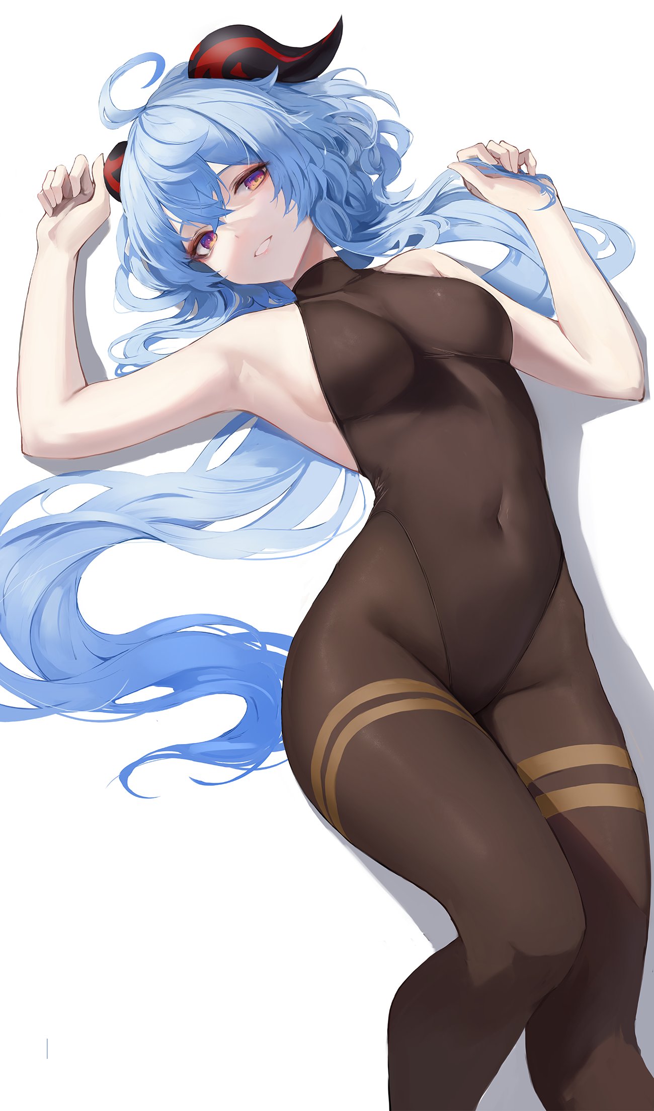 1girl ahoge arm_up armpits bangs bare_shoulders black_legwear black_leotard blue_hair breasts covered_navel ganyu_(genshin_impact) genshin_impact goat_horns hair_between_eyes hand_up highleg highleg_leotard highres hiki_niito holding holding_hair horns leotard long_hair looking_at_viewer low_ponytail medium_breasts no_bra pantyhose parted_lips sideboob simple_background smile solo symbol-only_commentary very_long_hair white_background