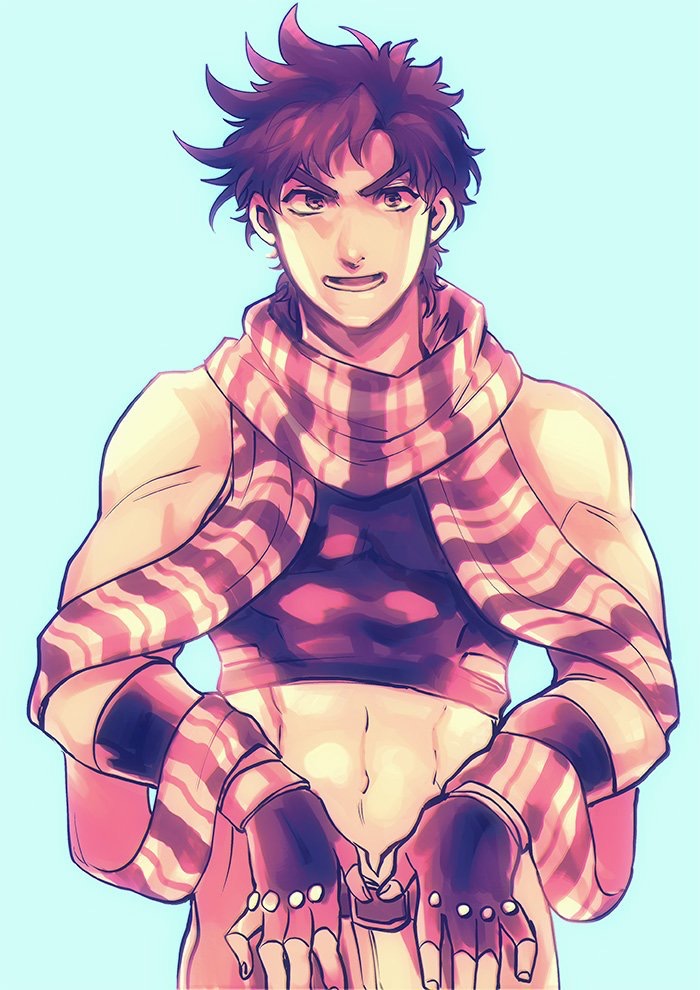 1boy abs battle_tendency crop_top fingerless_gloves gloves hamadaichi jojo_no_kimyou_na_bouken joseph_joestar joseph_joestar_(young) male_focus midriff scarf solo striped striped_scarf toned toned_male vertical-striped_scarf vertical_stripes