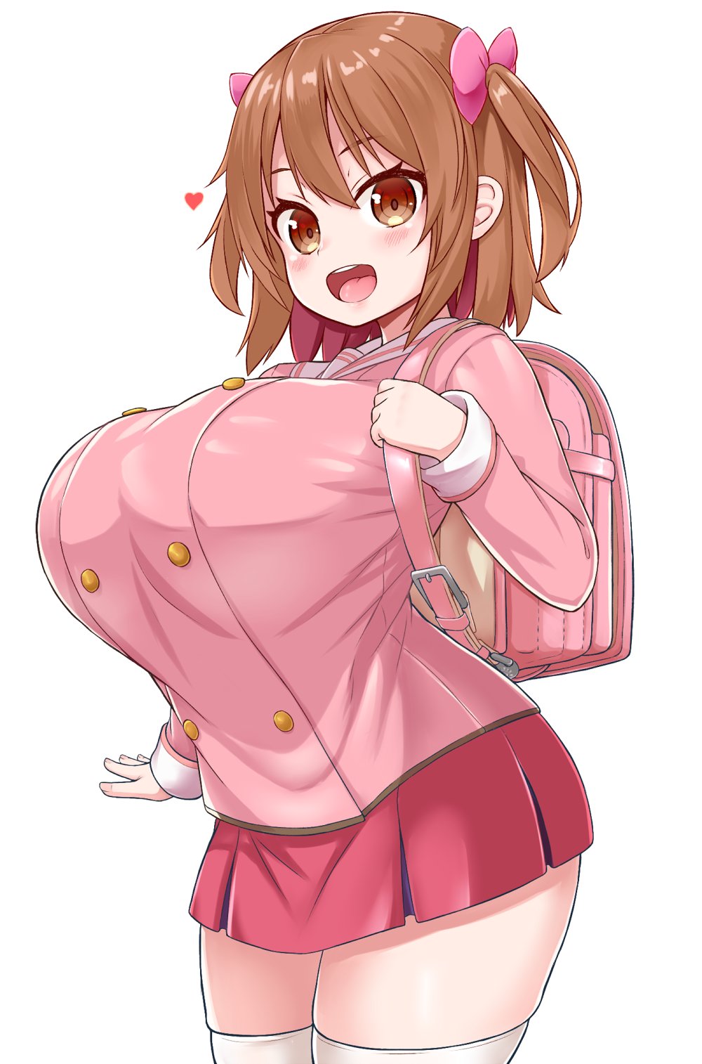 1girl :d backpack bag blush bow breasts brown_eyes brown_hair eyebrows eyelashes hair_bow heart highres hips huge_breasts large_breasts looking_at_viewer miniskirt open_mouth oppai_loli original randoseru school_uniform shiron_(e1na1e2lu2ne3ru3) short_hair simple_background skirt smile solo teeth thick_thighs thigh-highs thighs tongue twintails white_background white_legwear wide_hips zettai_ryouiki
