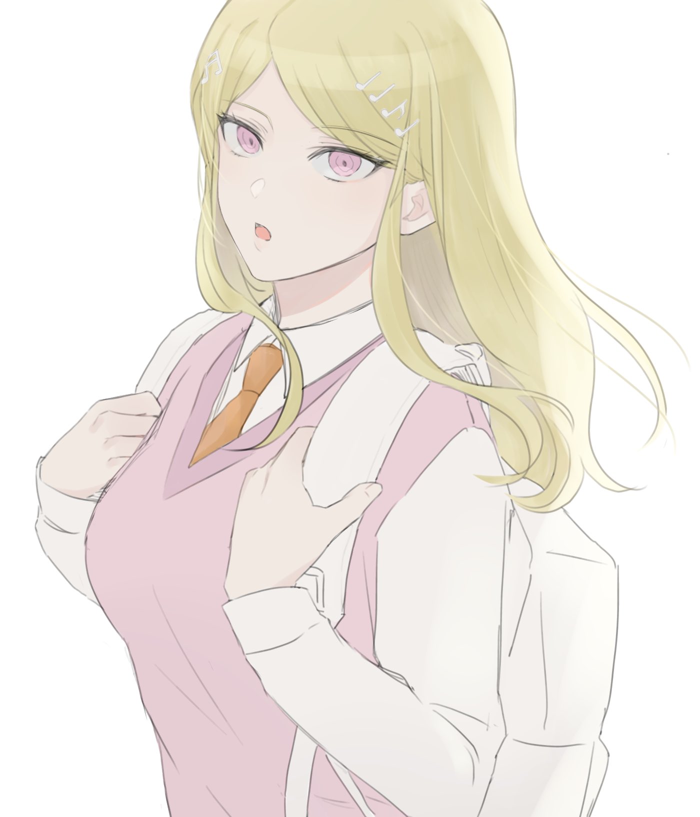 1girl :o akamatsu_kaede backpack bag bangs blonde_hair collared_shirt danganronpa_(series) danganronpa_v3:_killing_harmony from_side hair_ornament highres long_hair long_sleeves looking_at_viewer musical_note_hair_ornament necktie open_mouth parted_bangs pink_eyes pink_vest shirt simple_background smile solo ujuui_msmz upper_body vest white_background