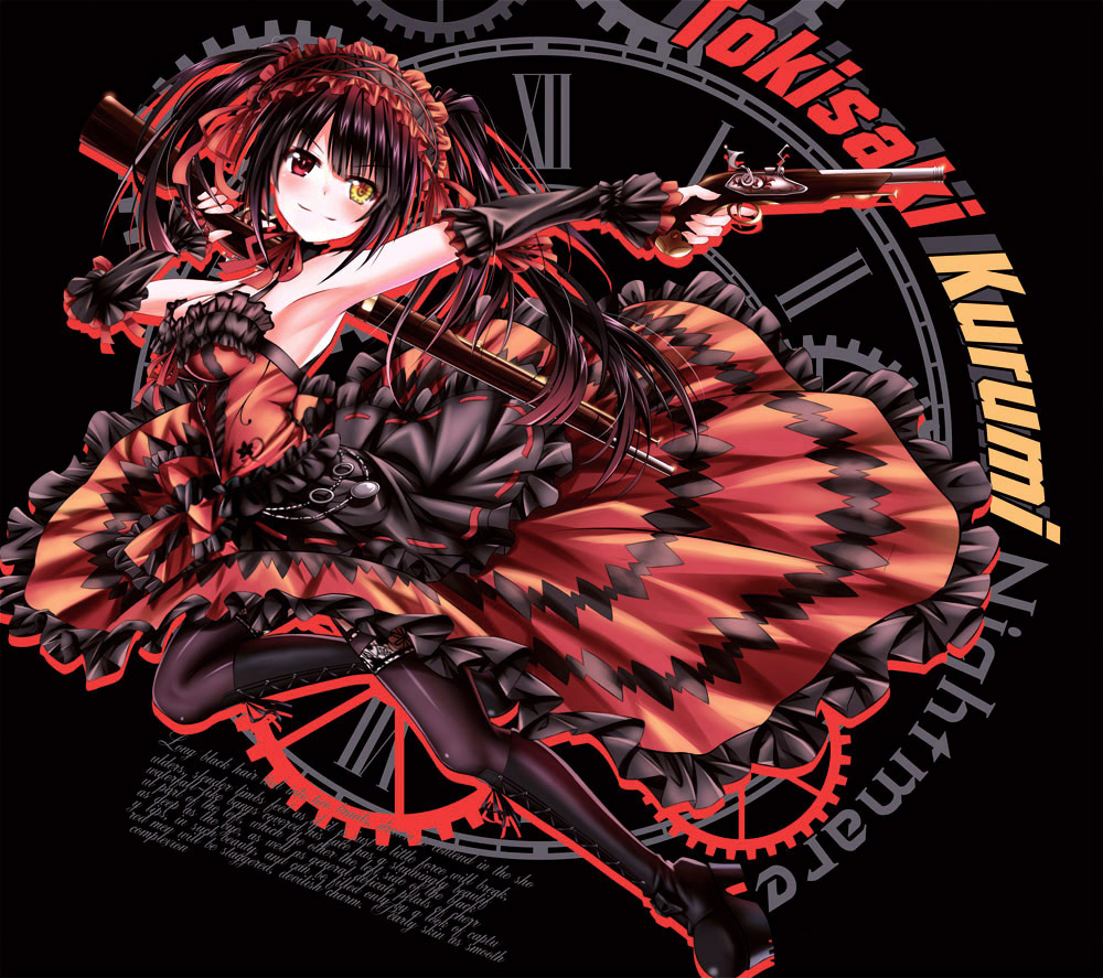 1girl bare_shoulders black_hair black_legwear breasts character_name clock_eyes commentary_request date_a_live dual_wielding gun hairband heterochromia holding lolita_fashion lolita_hairband long_hair looking_at_viewer medium_breasts photoshop_(medium) red_eyes revision rifle smile solo symbol-shaped_pupils thigh-highs tokisaki_kurumi tsubasaki twintails weapon yellow_eyes