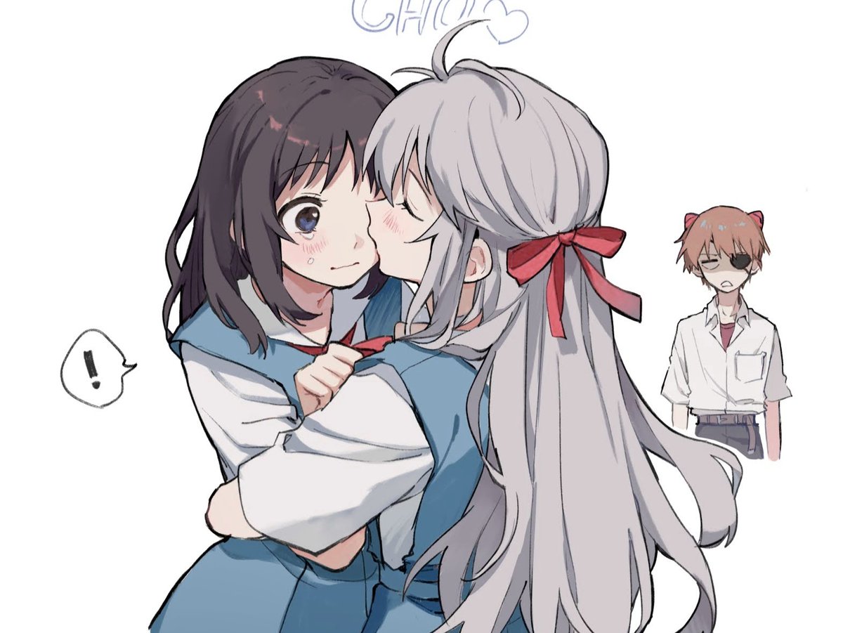 ! 1boy 2girls ahoge black_hair blue_eyes blush bow breast_pocket closed_eyes cropped_legs crying dango_(uni_520) eyepatch genderswap genderswap_(ftm) genderswap_(mtf) grey_hair ikari_shinji interface_headset kiss kissing_cheek long_hair multiple_girls nagisa_kaworu neon_genesis_evangelion pocket rebuild_of_evangelion red_bow red_neckwear skirt souryuu_asuka_langley spoken_exclamation_mark suspender_skirt suspenders undershirt yuri