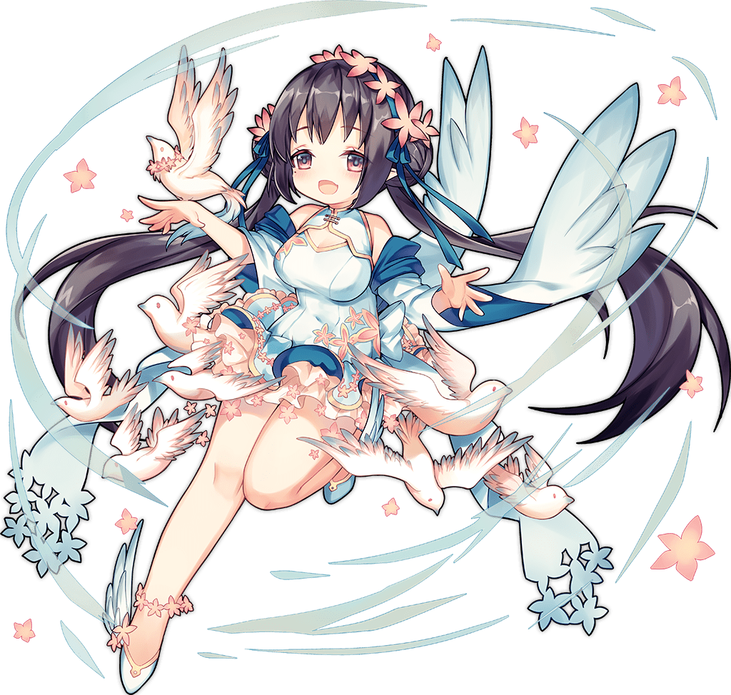 1girl :d ankle_flower anklet ao_jun ark_order back_bow bangs bare_shoulders bird blue_hairband bow breasts brown_hair character_request copyright_request covered_navel detached_sleeves double_bun dove dress dress_flower flower flower_anklet frilled_dress frills full_body hair_flower hair_ornament hair_ribbon hairband jewelry knee_up long_hair long_sleeves looking_at_viewer medium_breasts mole mole_under_eye no_nose official_art pink_bow pink_eyes pink_flower ribbon shoes sidelocks smile solo tachi-e transparent_background twintails very_long_hair white_bird white_dress white_footwear wide_sleeves winged_footwear