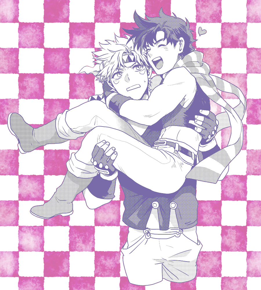 2boys ^_^ battle_tendency boots caesar_anthonio_zeppeli carrying checkered_background closed_eyes crop_top facial_mark feather_hair_ornament feathers fingerless_gloves gloves hair_ornament hamadaichi headband heart jojo_no_kimyou_na_bouken joseph_joestar joseph_joestar_(young) male_focus midriff monochrome multiple_boys princess_carry scarf striped striped_scarf triangle_print vertical-striped_scarf vertical_stripes