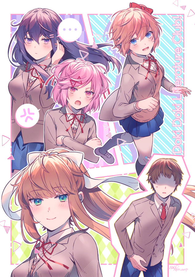... 1boy 4girls :o aicedrop anger_vein bangs blue_eyes blue_skirt blush bow brown_hair brown_vest commentary_request copyright_name crossed_arms doki_doki_literature_club eyebrows_visible_through_hair faceless faceless_male green_eyes hair_between_eyes hair_bow hair_ornament hair_ribbon hairclip jacket long_hair long_sleeves monika_(doki_doki_literature_club) multiple_girls natsuki_(doki_doki_literature_club) open_clothes open_jacket open_mouth outline pink_eyes pink_hair pleated_skirt ponytail protagonist_(doki_doki_literature_club) purple_hair red_bow red_ribbon ribbon sayori_(doki_doki_literature_club) school_uniform shaded_face short_hair skirt spoken_anger_vein spoken_ellipsis swept_bangs two_side_up vest violet_eyes white_outline white_ribbon yuri_(doki_doki_literature_club)