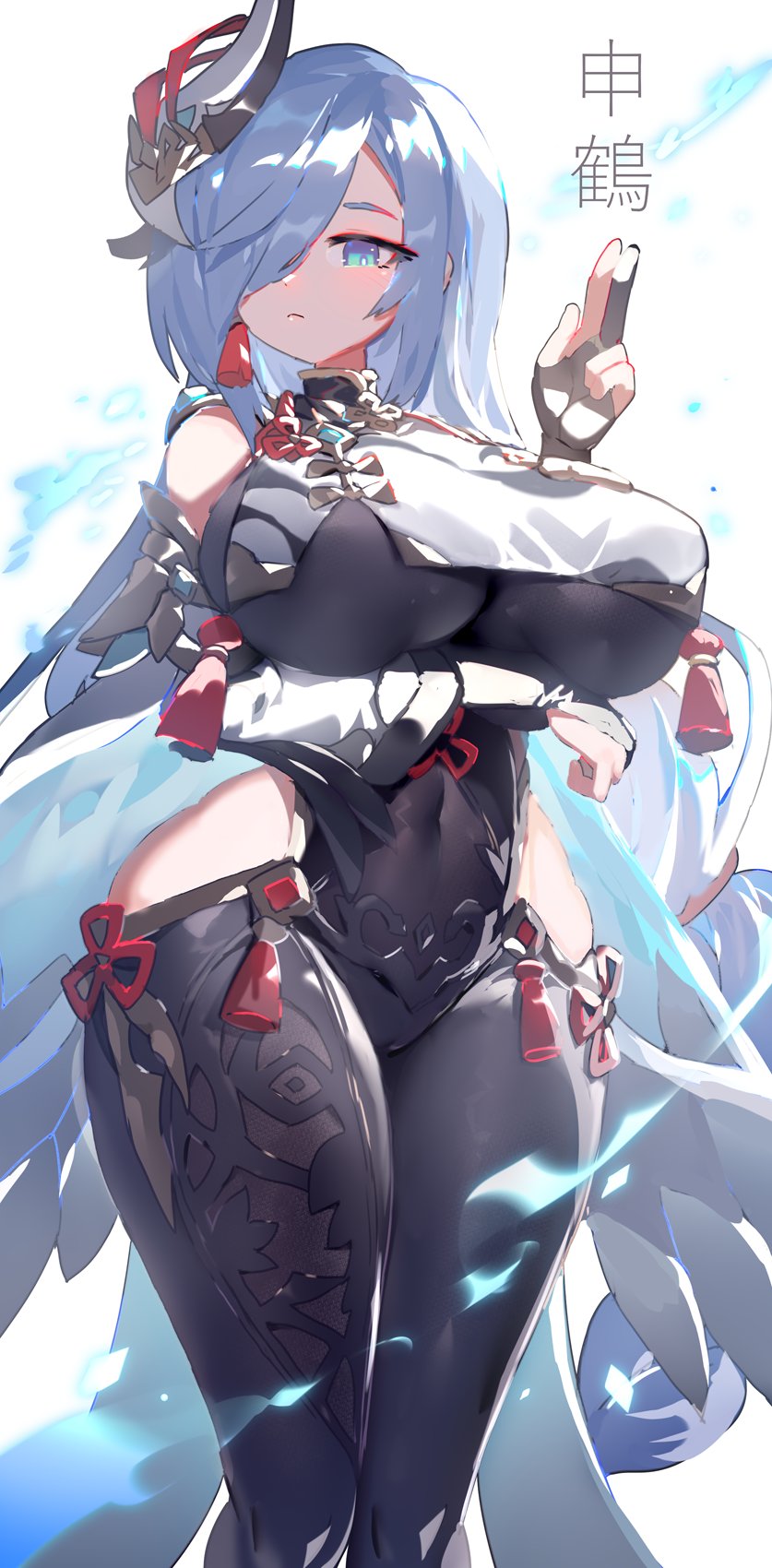 1girl blue_eyes blue_hair bodysuit braid braided_ponytail breast_curtains breasts character_name clothing_cutout covered_navel feet_out_of_frame genshin_impact gloves hair_ornament hair_over_one_eye highres hip_vent large_breasts long_hair looking_at_viewer mamuru partially_fingerless_gloves shenhe_(genshin_impact) shoulder_cutout solo tassel thick_thighs thighs very_long_hair white_background wide_hips