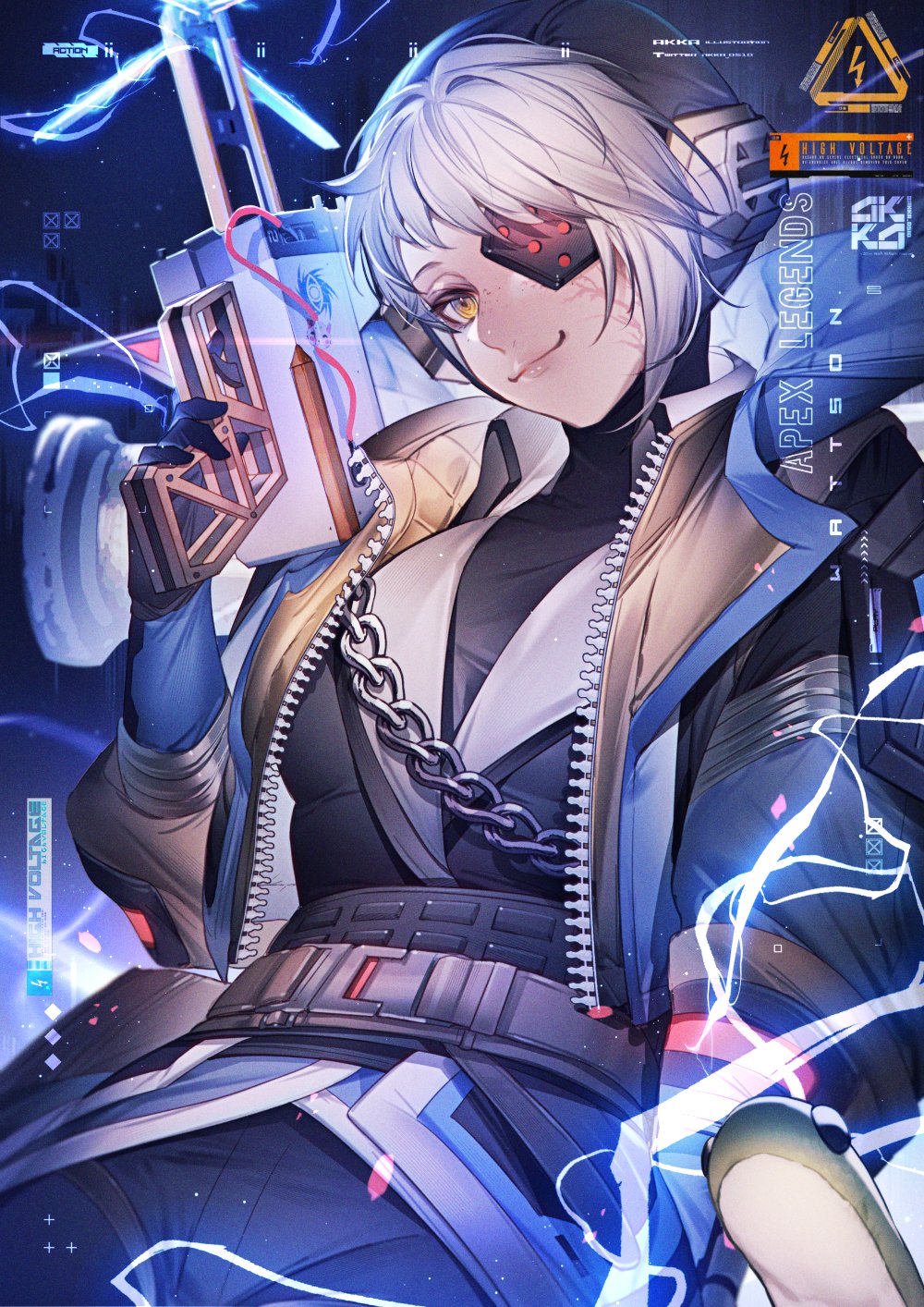 1girl apex_legends belt black_eyepatch black_jacket breasts brown_eyes chain character_name copyright_name electricity energy_reader_(apex_legends) eyepatch grey_belt grey_hair highres holding jacket lightning_bolt_symbol medium_breasts mizutama_(mao11260510) nessie_(respawn) official_alternate_costume one_eye_covered scar scar_on_cheek scar_on_face smile solo stuffed_toy wattson_(apex_legends)