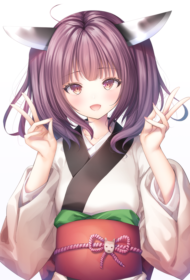 1girl :d ahoge bangs brown_eyes brown_hair double_v eyebrows_visible_through_hair hands_up headgear japanese_clothes kimono long_fingers long_sleeves looking_at_viewer murano nail_polish obi pink_nails sash simple_background smile solo touhoku_kiritan twintails upper_body v voiceroid white_background white_kimono wide_sleeves