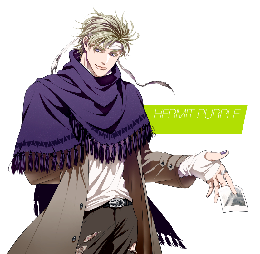1boy adapted_costume blonde_hair capelet contemporary fingerless_gloves fringe_trim gloves headband hermit_purple hierophant_green humanization jewelry jojo_no_kimyou_na_bouken kobayashi_(oksk0x0) long_coat magician's_red male_focus nail_polish pants photo_(object) platinum_blonde_hair purple_nails ring scarf shawl silver_chariot solo star_platinum stardust_crusaders the_world torn_clothes torn_pants violet_eyes white_headband