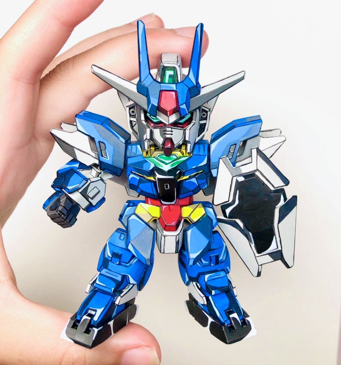 aqua_eyes chibi clenched_hand earthree_gundam gundam gundam_build_divers gundam_build_divers_re:rise gunpla highres holding holding_shield holding_toy looking_at_viewer mecha mobile_suit model_kit photo_(medium) senasuke shield solo toy v-fin