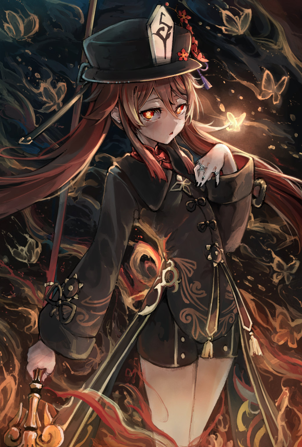 1girl animal black_headwear black_nails black_ribbon black_shorts breasts brown_hair brown_jacket bug butterfly chestnut_mouth chinese_clothes chinese_knot commentary_request fire flower flower-shaped_pupils genshin_impact glowing glowing_butterfly glowing_eyes hair_between_eyes hand_up hat hat_flower highres holding holding_polearm holding_weapon hu_tao_(genshin_impact) jacket jewelry kajaneko long_hair long_sleeves looking_at_viewer looking_to_the_side multicolored_hair parted_lips polearm porkpie_hat red_eyes red_flower redhead ribbon ring short_shorts shorts sideways_glance small_breasts solo staff_of_homa_(genshin_impact) standing streaked_hair symbol-shaped_pupils tangzhuang tassel twintails very_long_hair weapon wide_sleeves