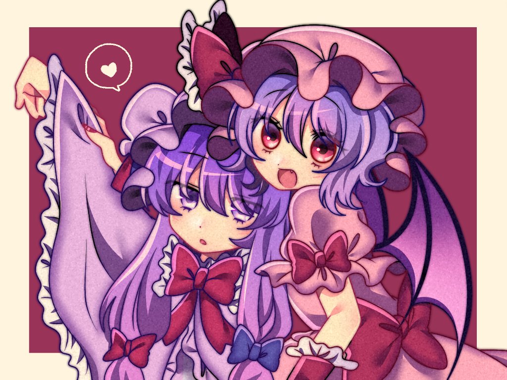 2girls arm_cuffs arm_up bangs bat_wings blue_bow bow dress_bow eyebrows_visible_through_hair fang hair_bow hat hat_bow hat_ribbon heart light_blush long_hair looking_at_viewer mob_cap multiple_girls nail_polish open_mouth patchouli_knowledge purple_hair red_bow red_eyes red_nails red_ribbon remilia_scarlet ribbon robe short_hair short_sleeves simple_background smile speech_bubble spoken_heart symbol-only_commentary touhou tsugomori_(remilia0398) upper_body violet_eyes wide_sleeves wings