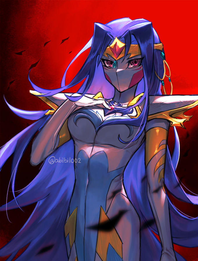 1girl abiiii alternate_form armor blue_hair breasts character_request check_character circlet colored_skin glint hand_on_own_chest kamishiro_rio long_hair medium_breasts navel no_mouth shoulder_armor solo twitter_username very_long_hair violet_eyes white_skin yu-gi-oh! yu-gi-oh!_zexal
