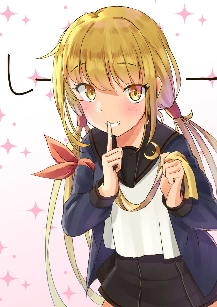 1girl armband black_sailor_collar blonde_hair blue_jacket cowboy_shot crescent crescent_pin finger_to_mouth jacket kantai_collection long_hair mayura2002 neckerchief neckerchief_removed sailor_collar satsuki_(kancolle) satsuki_kai_ni_(kancolle) solo sparkle_background twintails white_background yellow_eyes yellow_neckerchief