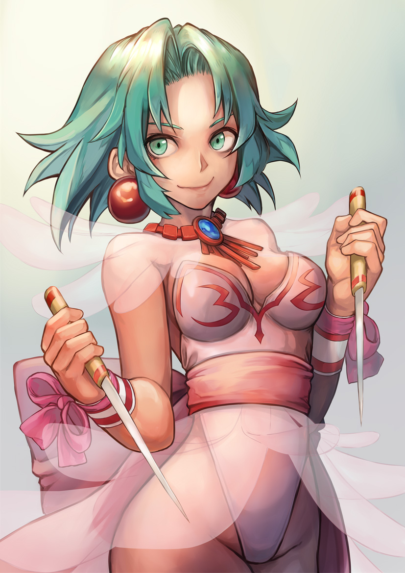 1girl back_bow bangs bow breasts closed_mouth commission cowboy_shot dagger dancer dual_wielding earrings ellis_(toushinden) green_background green_eyes green_hair highleg highleg_leotard hinoru_saikusa holding holding_dagger holding_weapon huge_bow jewelry knife leotard looking_at_viewer medium_breasts necklace parted_bangs pink_bow reverse_grip see-through shiny shiny_hair short_hair simple_background skeb_commission smile solo standing thighs toushinden weapon white_leotard wrist_bow wrist_cuffs