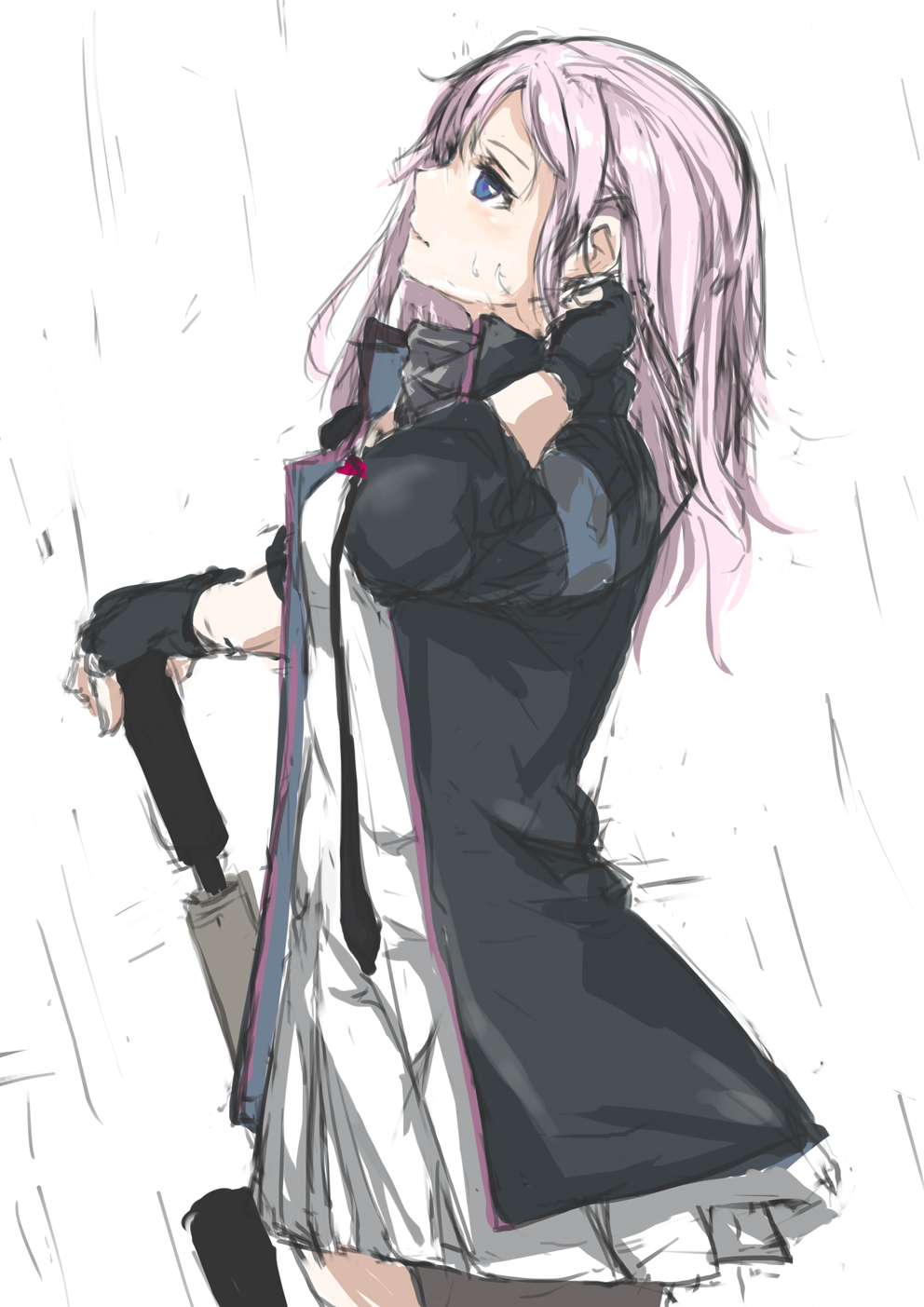 1girl ar-15 bangs black_gloves black_jacket blue_eyes dress eyebrows_visible_through_hair fingerless_gloves girls_frontline gloves gun hand_in_hair highres holding holding_gun holding_weapon jacket lips long_hair looking_up marche_mk14 necktie open_clothes open_jacket pink_hair rain rifle scarf solo st_ar-15_(girls'_frontline) standing water_drop weapon white_background white_dress