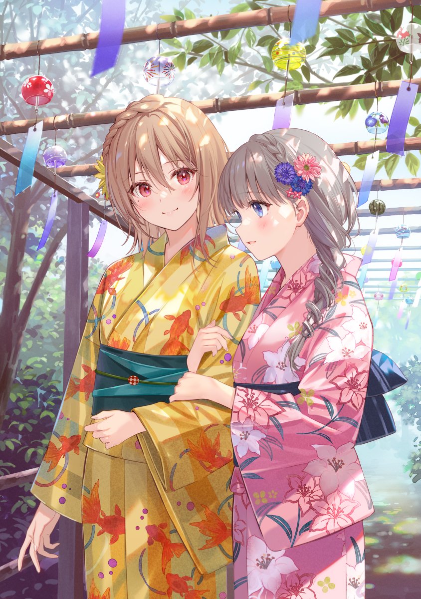 2girls blonde_hair blue_eyes blush brown_hair commentary_request floral_print fukahire_(ruinon) highres holding_another's_arm japanese_clothes kimono leaf long_hair long_sleeves looking_at_another medium_hair mole mole_under_eye multiple_girls obi original parted_lips pink_eyes pink_kimono sash shadow smile tree wide_sleeves wind_chime yellow_kimono yukata yuri